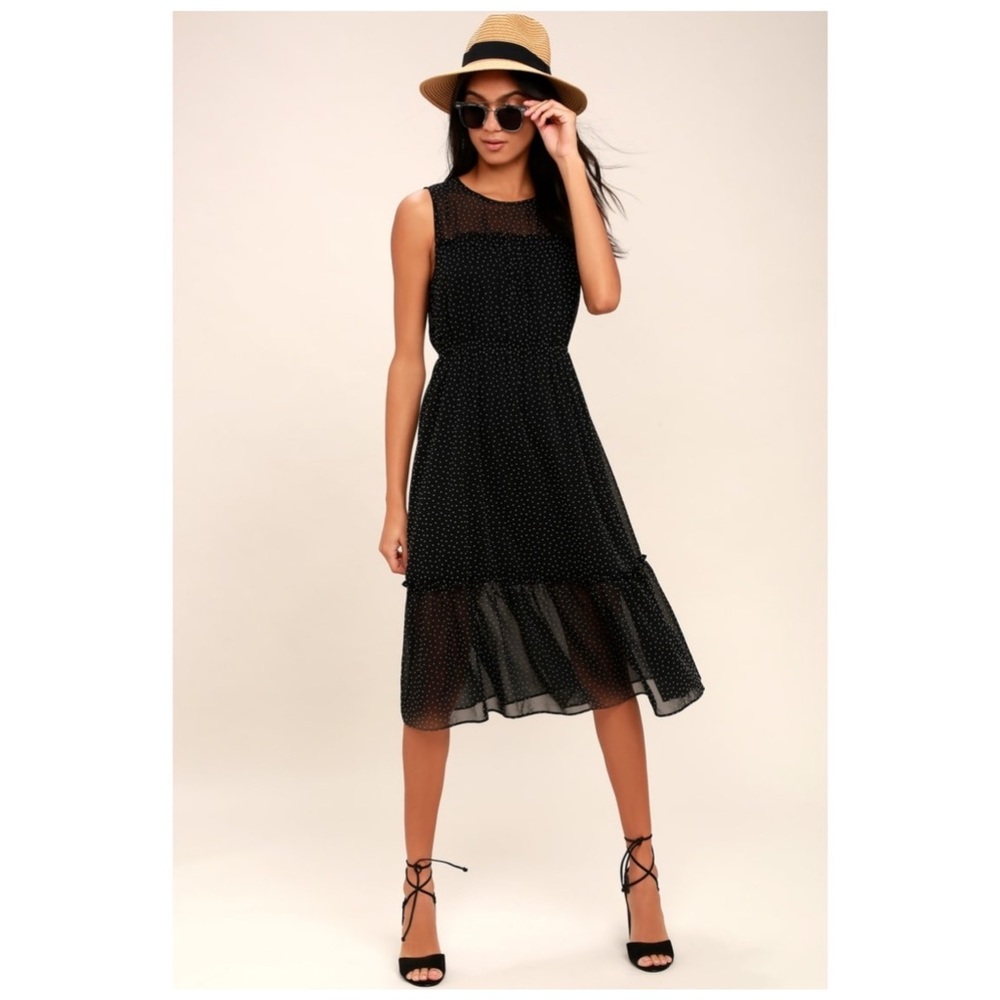 Lulus Afternoon Stroll Black Polka Dot Midi Dress size small
